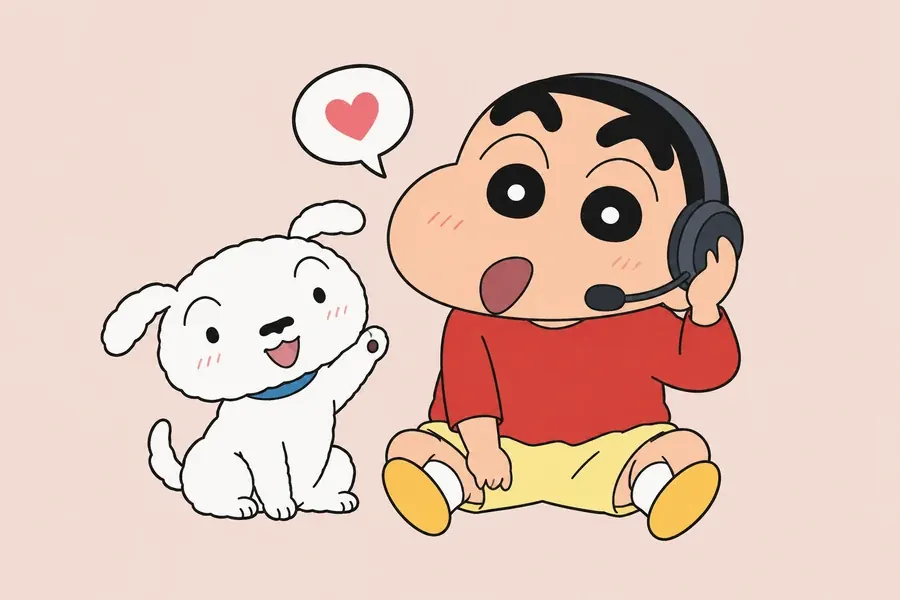 헤드셋을 쓴 짱구와 손을 든 흰둥이